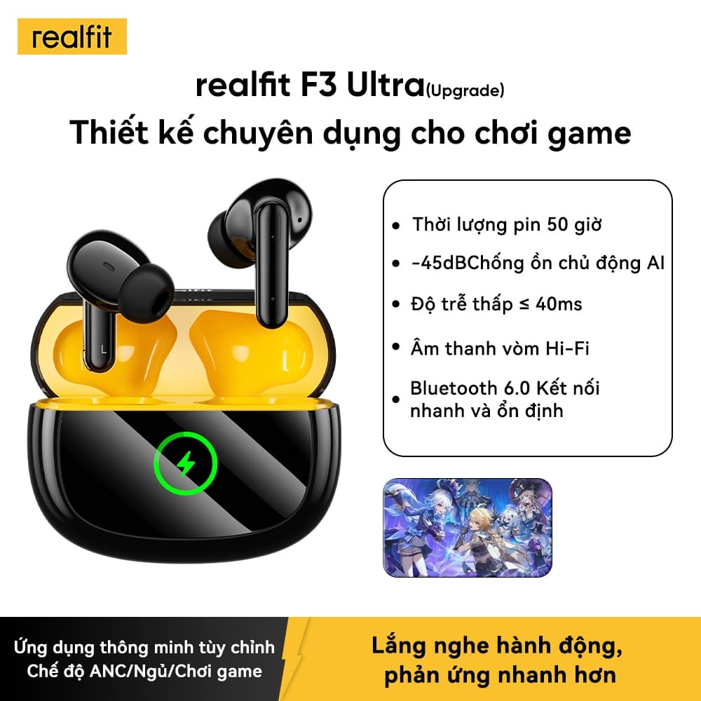 Tai nghe Realfit F3 Ultra Bass mạnh Khử ồn -45dB Điều khiển APP Pin 50H kết hợp hộp sạc, Độ trễ thấp