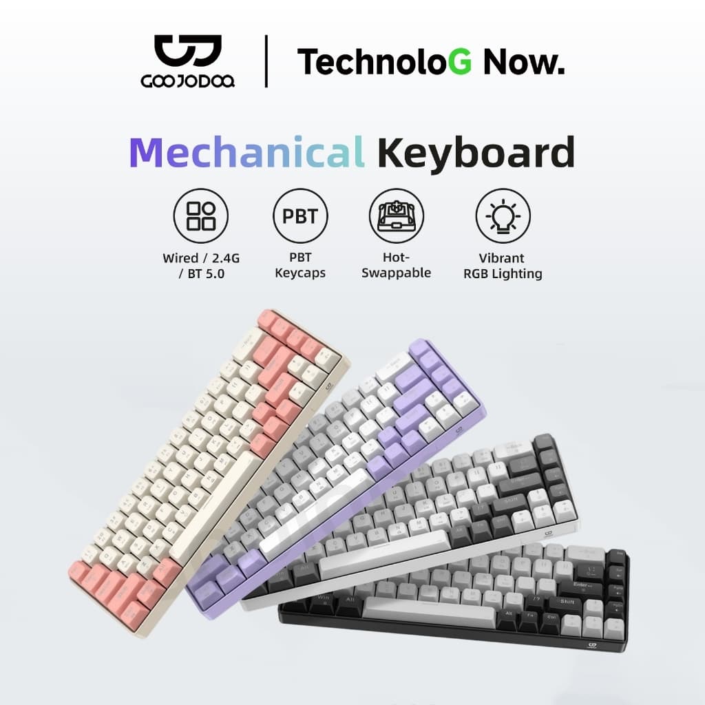 Bàn phím cơ GOOJODOQ 68 phím có đèn nền RGB với các tùy chọn kết nối có dây, Bluetooth và 2.4G; có sẵn với các loại switch màu đỏ, xanh dương và nâu.