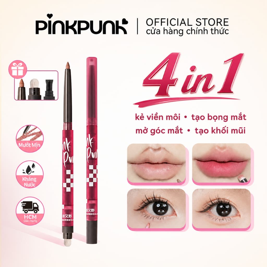 [MỚI] Bút Chì Kẻ Viền Môi PinkPunk 4 in 1 kẻ Bọng Mắt Mở Góc Mắt Tạo Khối Mũi Sáp Kết Cấu Căng Mọng 0.25g