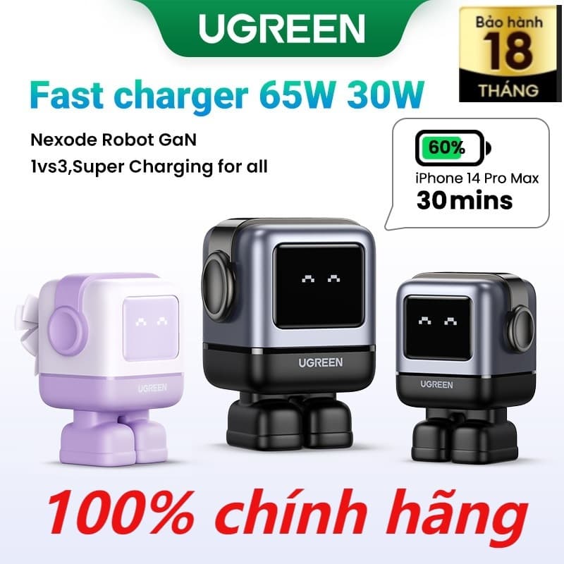 UGREEN Củ sạc nhanh Nexode Robot UGREEN Uno 30W 65W Cho iPhone 16 Pro max | Công nghệ GaN Củ Sạc sb c mini Công nghệ PD3.0/QC4.0/PPS Cho iphone 15/14 / 14 pro max / macbook air / ipad pro / ipad mini
