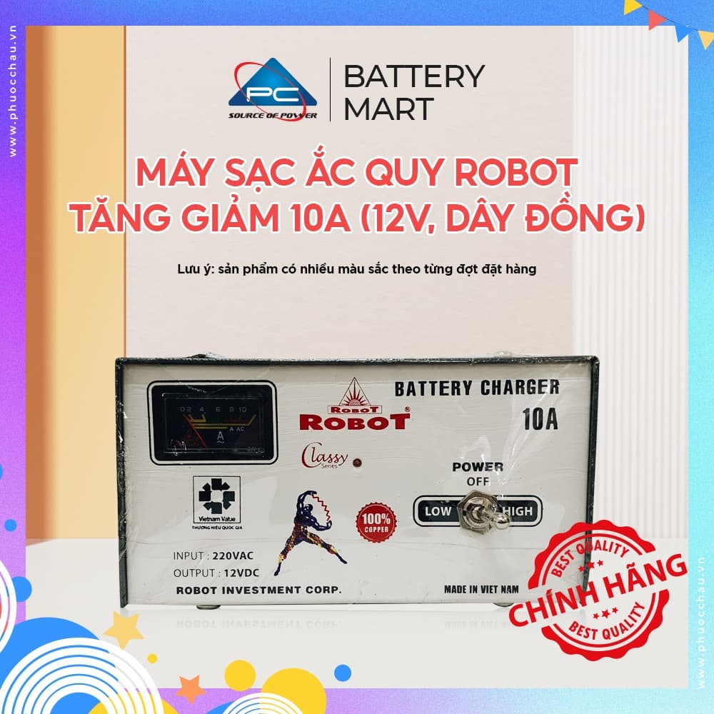 MÁY SẠC ẮC QUY ROBOT TĂNG GIẢM 10A (12V, DÂY ĐỒNG)