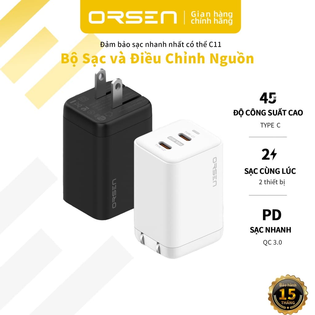 Bộ sạc nhanh ORSEN C11 2 cổng PD 45W GaN QC 4.0 chính hãng cho laptop/ samsung