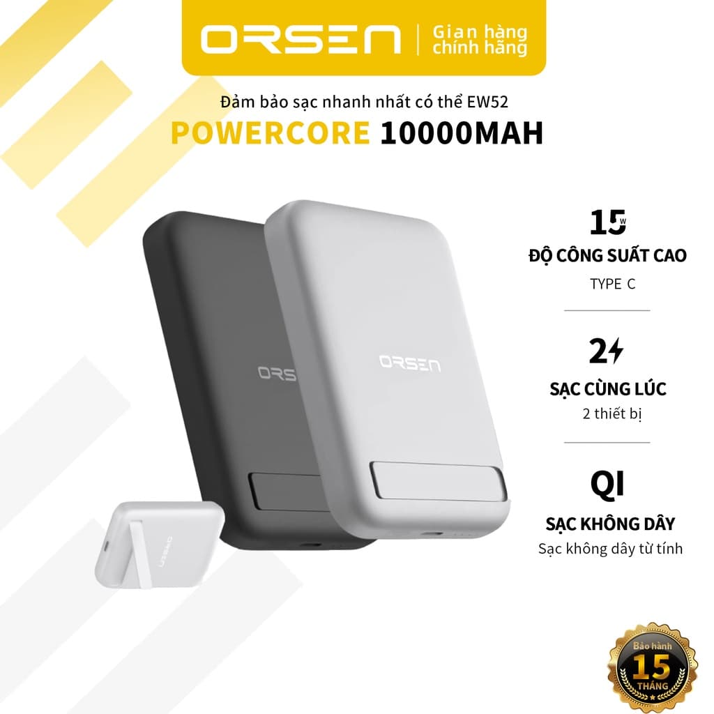 Orsen EW52 Sạc Dự Phòng PD 20W 10000mAh Từ Tính Nhỏ Không Dây Có Nam Châm Tự Động Bật Tắt Cho Phone 15 14 13 12