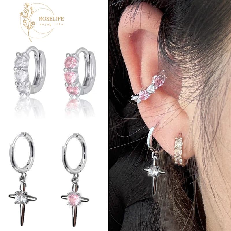 Roselife 2 Chiếc S925 Bạc Không Đều Pha Lê Chữ Thập Vòng Tròn Vòng Bông Tai Dành Cho Nữ Cô Gái Đính Hôn Dự Tiệc Tai Trang Sức