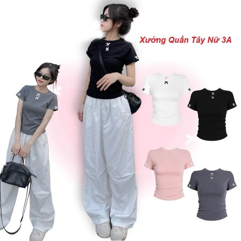 [Combo 2 áo] Áo thun nữ cộc tay mùa hè mát có đính nơ chất liệu vải thun cotton tăm mịn mát, co giãn có bigsize