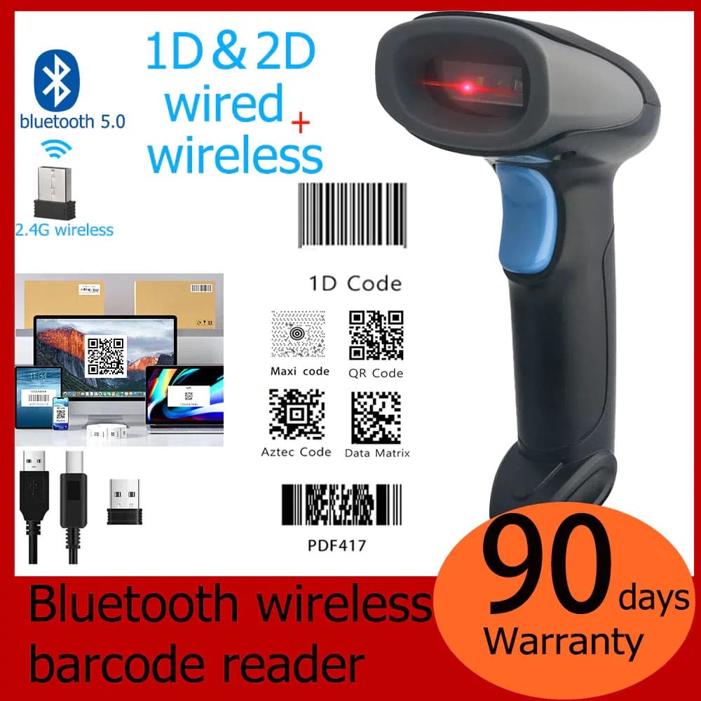Máy Quét Mã Vạch 1D 2D QR PDF417 Máy nhận mã Máy quét, Không Dây 2.4G Kết Nối, Bluetooth 5.0 Máy quét mã vạch Wireless Barcode Scanner Quét Mã Vạch Đa Tia Mã máy quét mã vạch đa tia Laser Barcode Reader