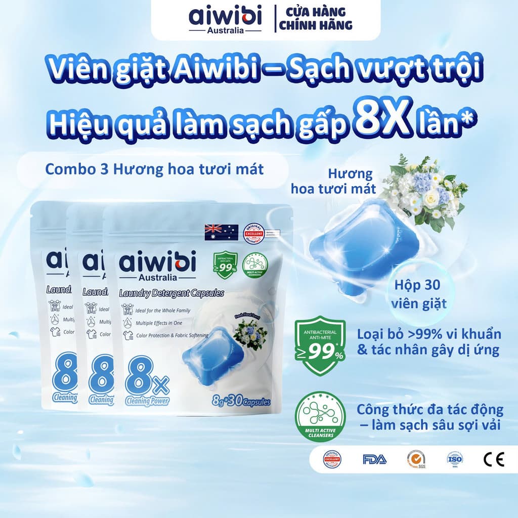 [Combo 3] Túi Viên Giặt Aiwibi Tiện Lợi (30 viên/túi), Sạch Vượt Trội, Đánh Bay Vết Bẩn - Hương Hoa