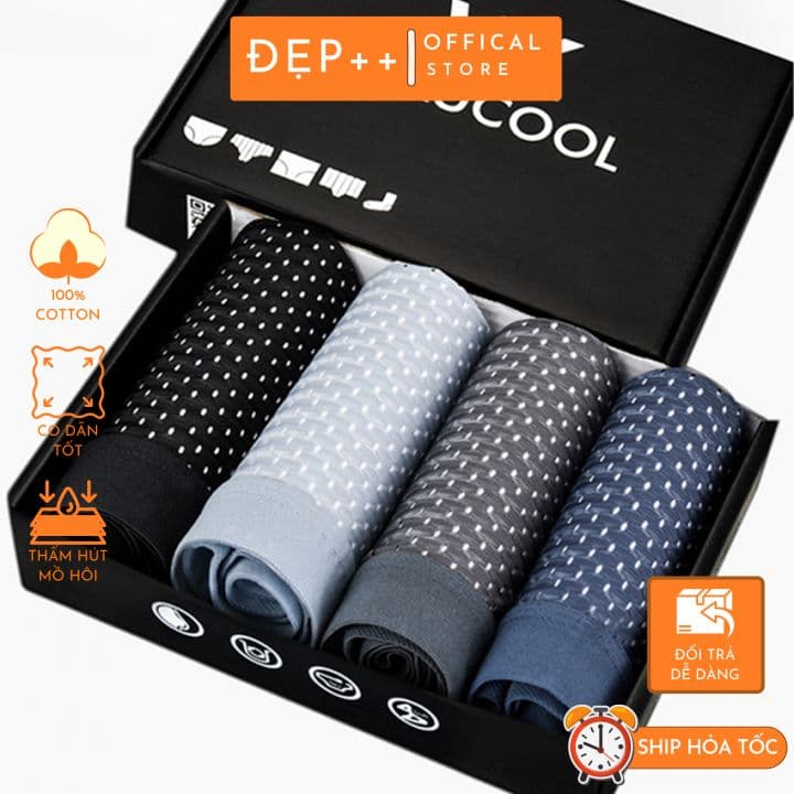 Hộp 4 chiếc sịp đùi thông hơi cao cấp dành cho nam, chất liệu mềm mịn bền đẹp thoáng mát.