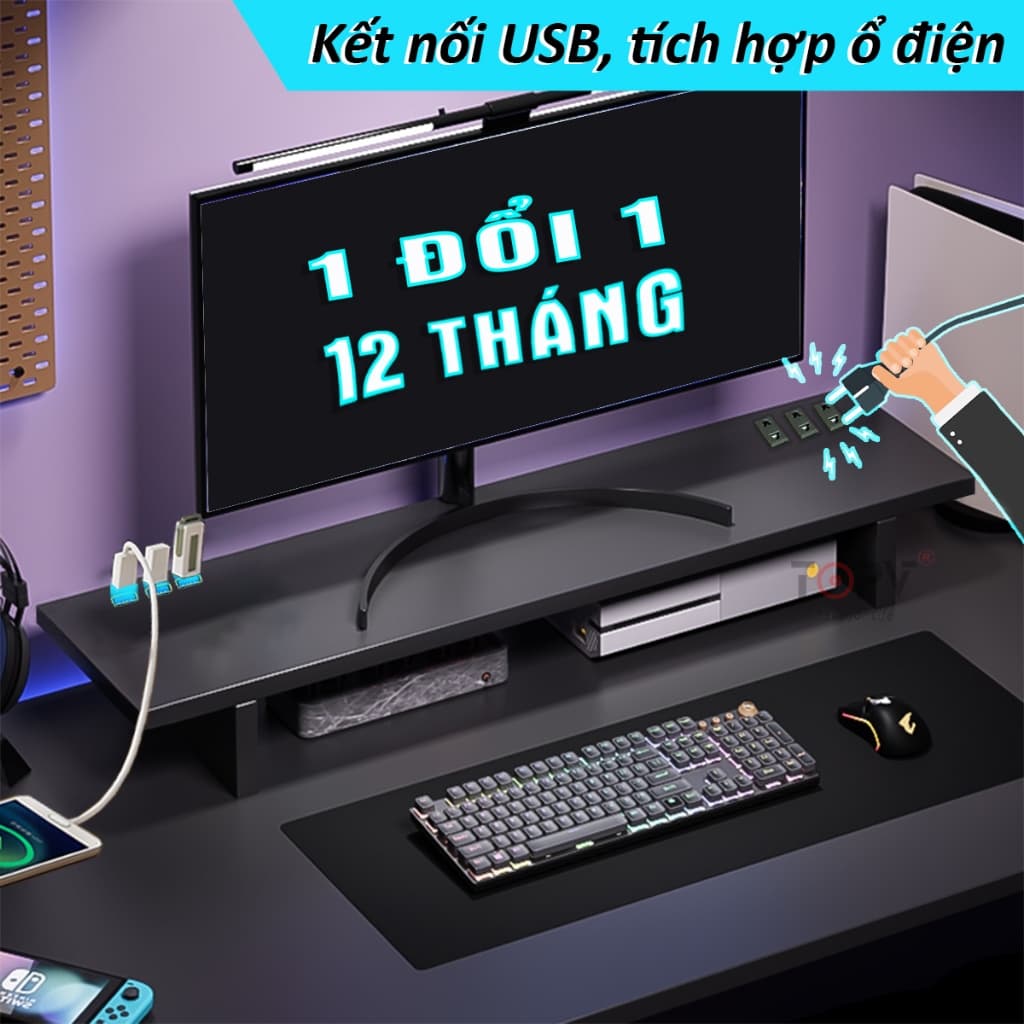 Kệ màn hình máy tính LED sạc không dây USB kệ để máy tính bàn giá đỡ màn hình kê PC gỗ trắng