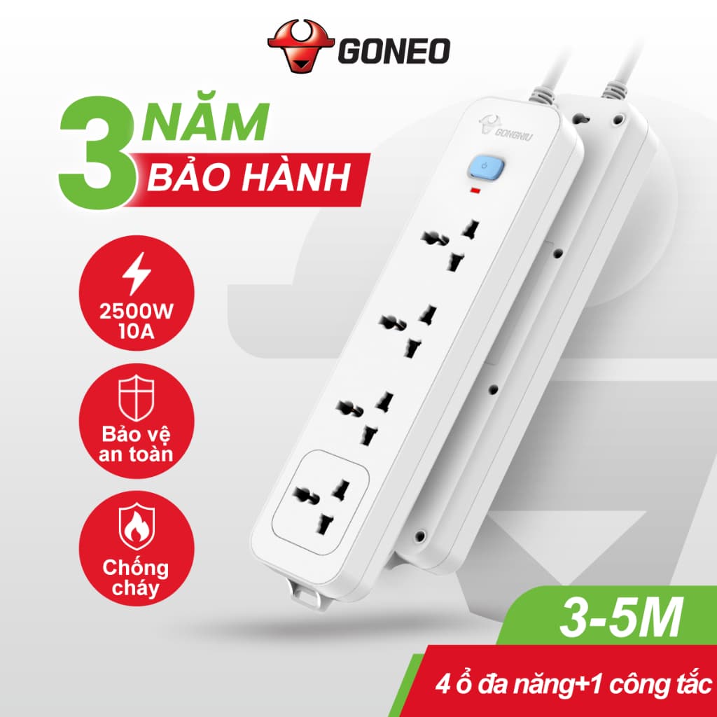 Ổ Cắm Điện Chống Cháy GONGNIU - 4 Ổ Đa Năng 1 Công Tắc – Công Suất 10A/250/2500W - N1040