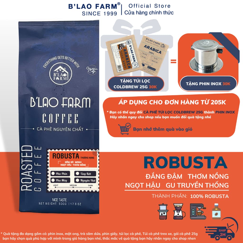 Cà phê Robusta 100% rang mộc B'Lao Farm - Đắng đậm, thơm nồng, gu truyền thống dành cho pha phin và pha máy C1