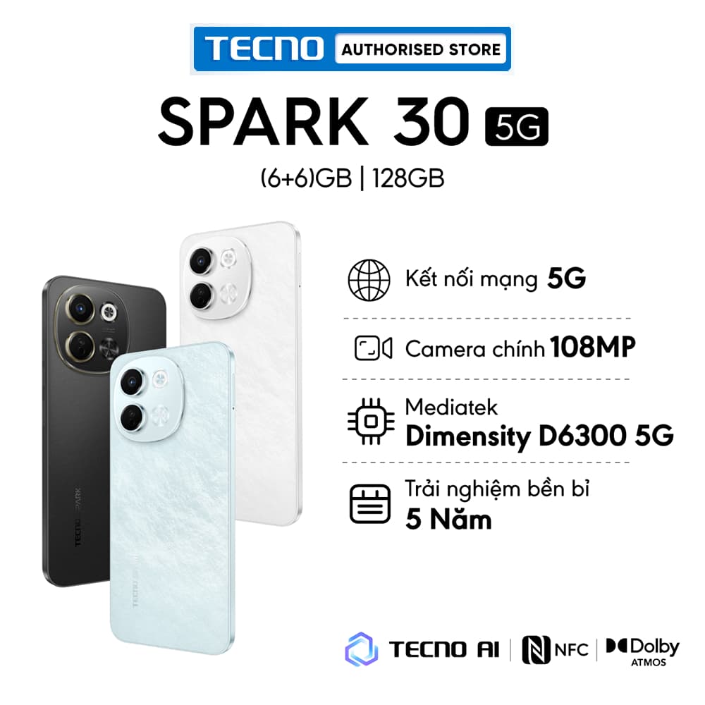 Điện thoại TECNO SPARK 30 5G (6GB/128GB) - TECNO AI Camera 108MP - Hàng chính hãng