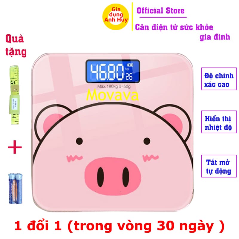 Cân điện tử sức khỏe thông minh Movava hình lợn hồng cute có hiển thị nhiệt độ - GDAH