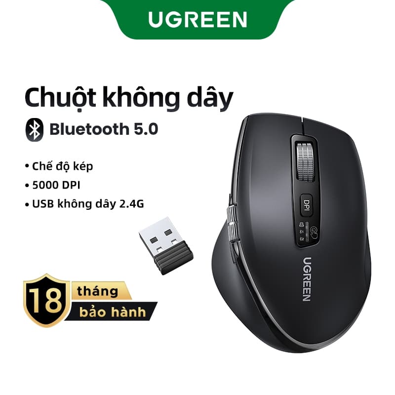 UGREEN,Chuột Bluetooth Không Dây, 2.4G, Công Nghệ 5.0, Thiết Kế Công Thái Học, 5000DPI, 1000 Hàng Cuộn Tốc Độ Cao