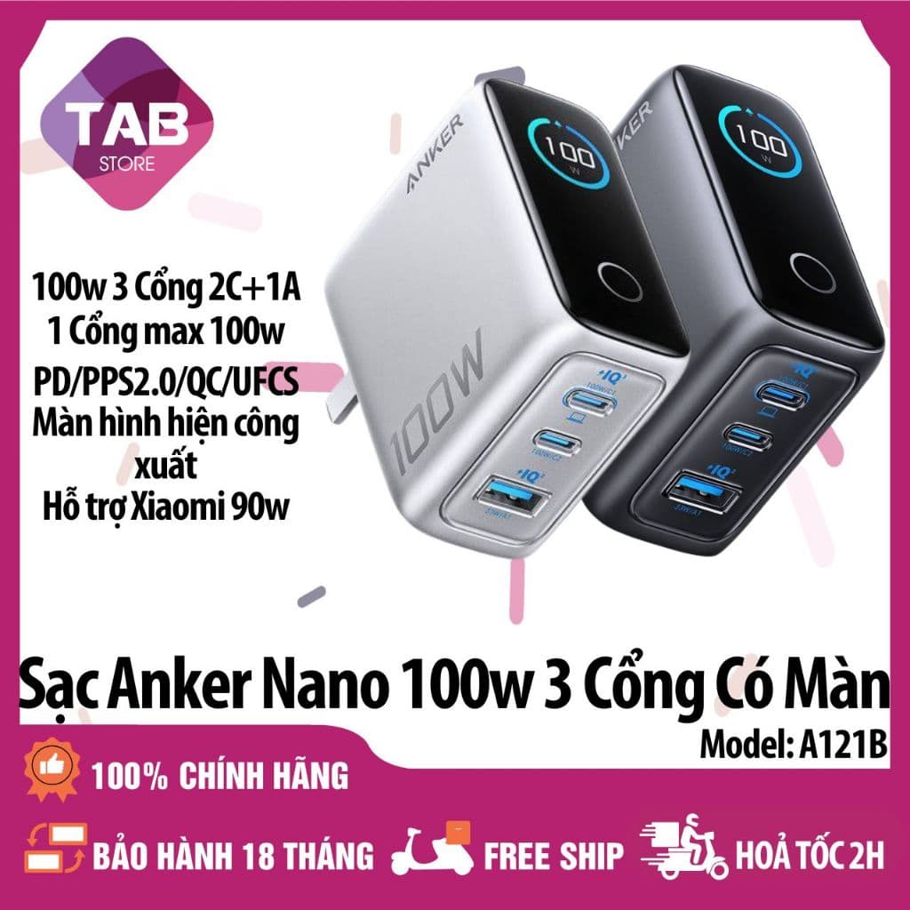 Sạc Anker Nano 100W 2C1A PD3.1 QC PPS2.0 UFCS  Màn Hình Báo Công Suất A121B - Bảo Hành 18 Tháng
