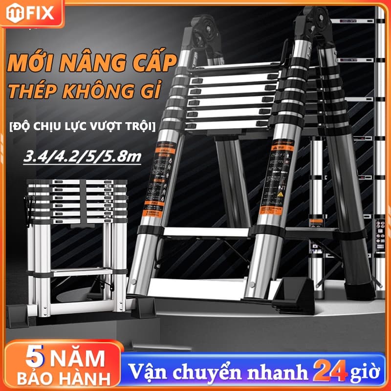 Thang Rút Nhôm Inox Chữ A Chữ I Nhập Khẩu Thang Rút Đôi Đơn Chất Liệu Nhôm Inox Cao(1.9M - 6M)