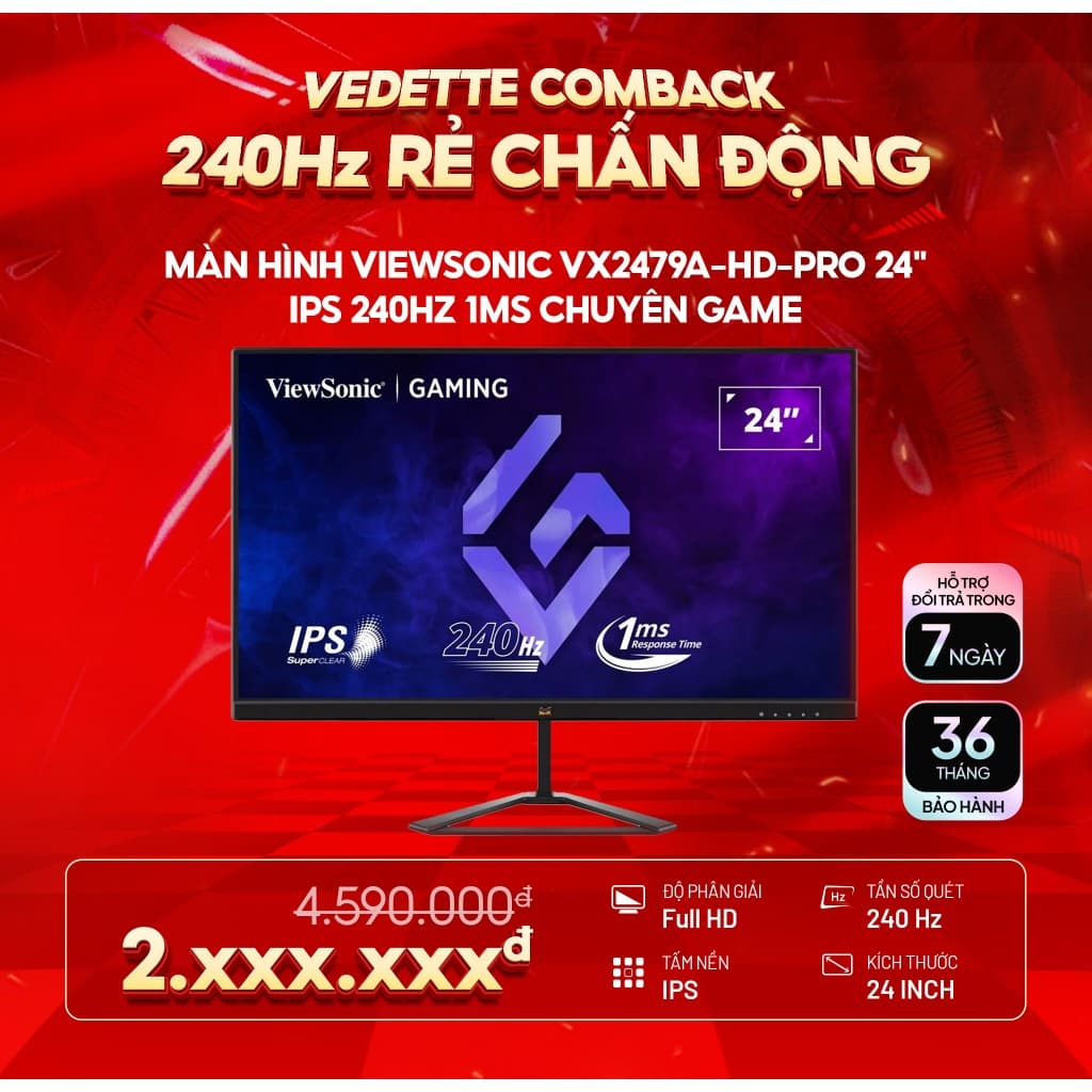 Màn hình Gaming ViewSonic VX2479A-HD-PRO 24 inch IPS 240Hz 1ms chuyên game BH 36 tháng