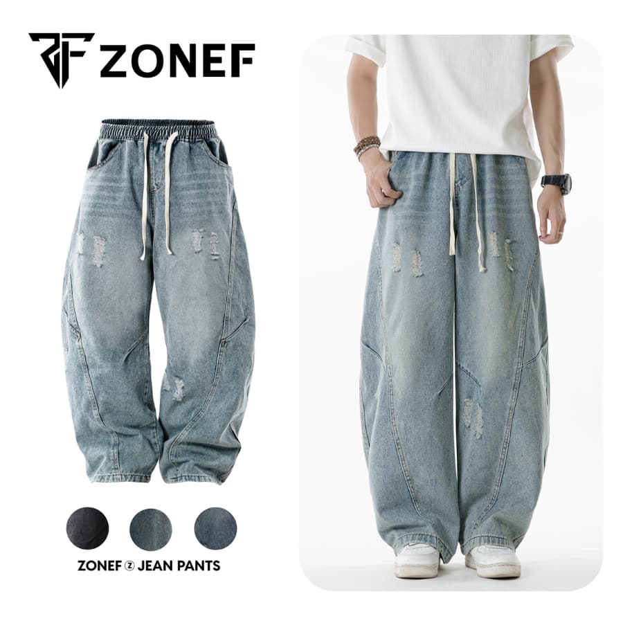 Quần Jean Ống Cong Form Rộng Retro Cạp Chun Dây Rút By ZONEF STUDIO, Jean Wash Ống Rộng Unisex Phong Cách Streetwear