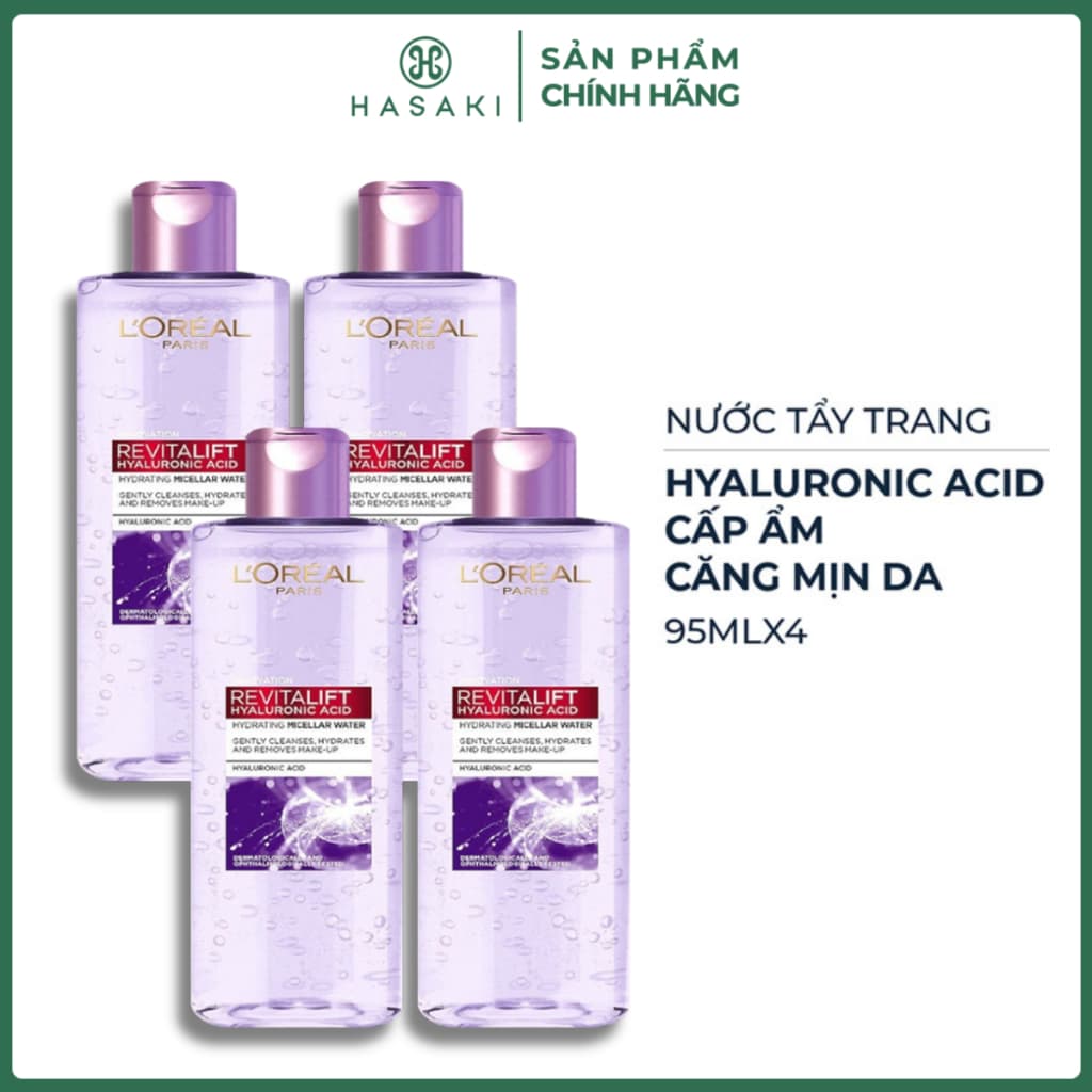 [DAILY] [Mini] Combo 4 Nước Tẩy Trang L'Oreal Căng Mịn Da 95ml Revitalift Hyaluronic Acid Micellar Water Hasaki