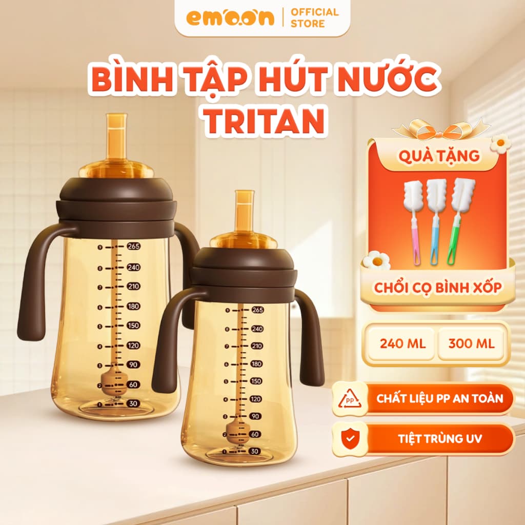 Bình Tập Hút Nước Cho Bé Emoon Tritan Chuẩn Nha Khoa Chống Sặc, An Toàn, Dễ Cầm, Phù Hợp Cho Trẻ 5 Tháng+