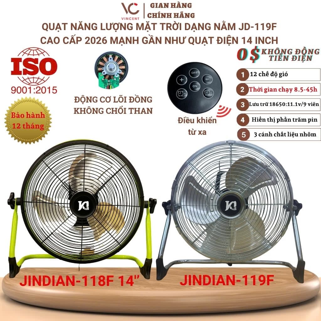 Quạt năng lượng mặt trời,quạt tích điện dạng nằm VINCENT LED,12 chế độ gió,3 cánh kim loại, hiển thị % pin, sạc USB 5V