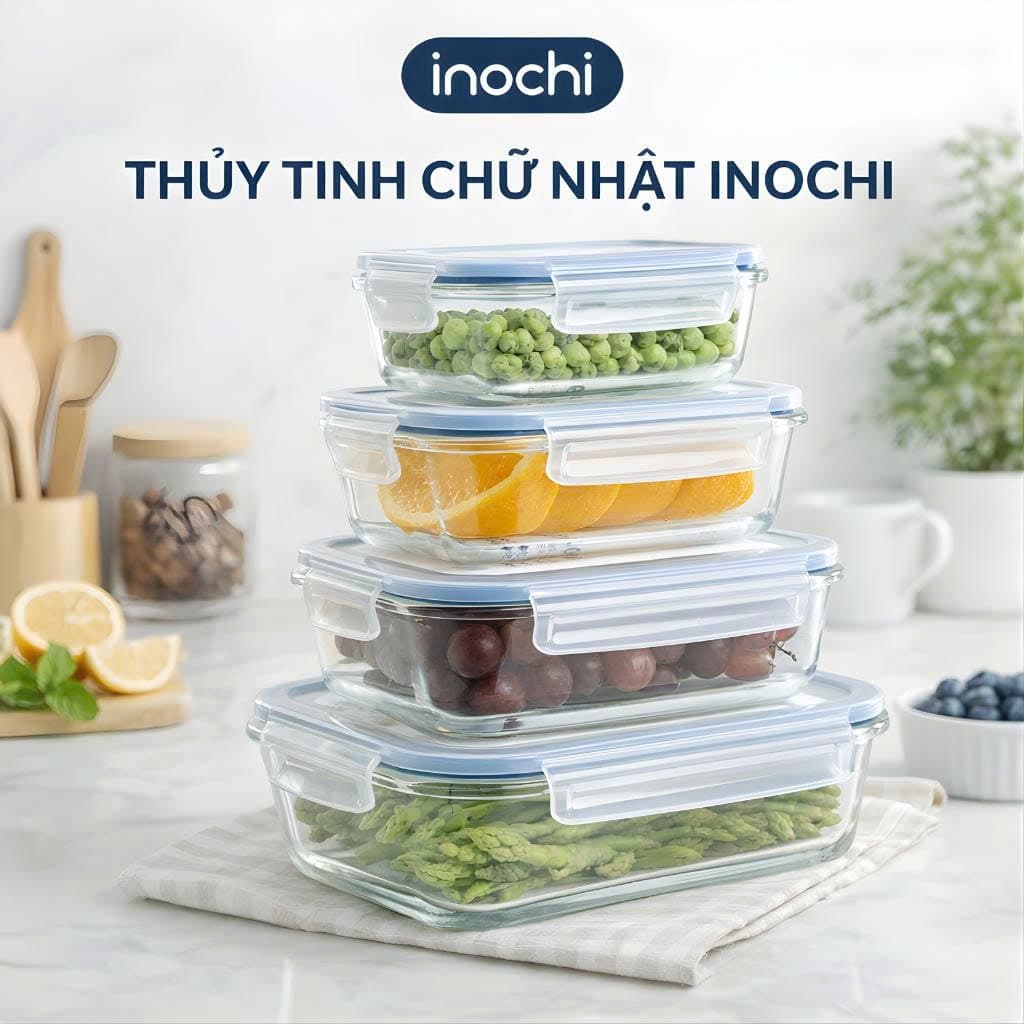 Hộp thuỷ tinh chữ nhật Inochi - Nikko - Đựng thực phẩm, đồ ăn, thức ăn trong ngăn đá, tủ lạnh