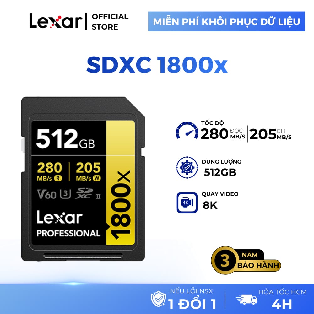 Thẻ nhớ 512GB SDXC Lexar 1800x Professional UHS-II, tốc độ 280MB/s cho máy ảnh, máy quay