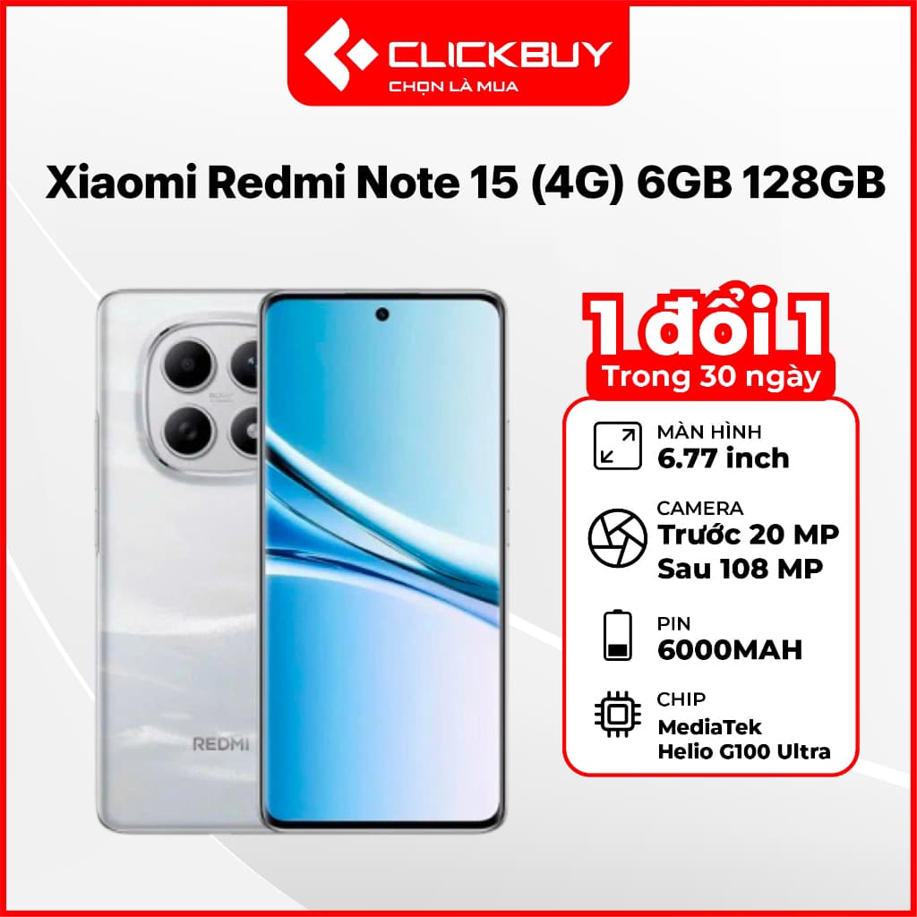 Điện Thoại Xiaomi Redmi Note 15 (4G) 6GB 128GB Chính Hãng Màn Hình AMOLED Pin 6000mAh