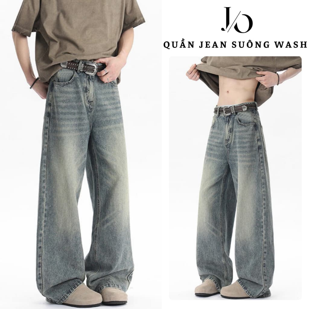 Quần Jean Nam Suông Xám WASH RETRO Ống Suông Rộng Quần Jean Suông Unisex Lưng Cao Dáng Dài BIGSIZE