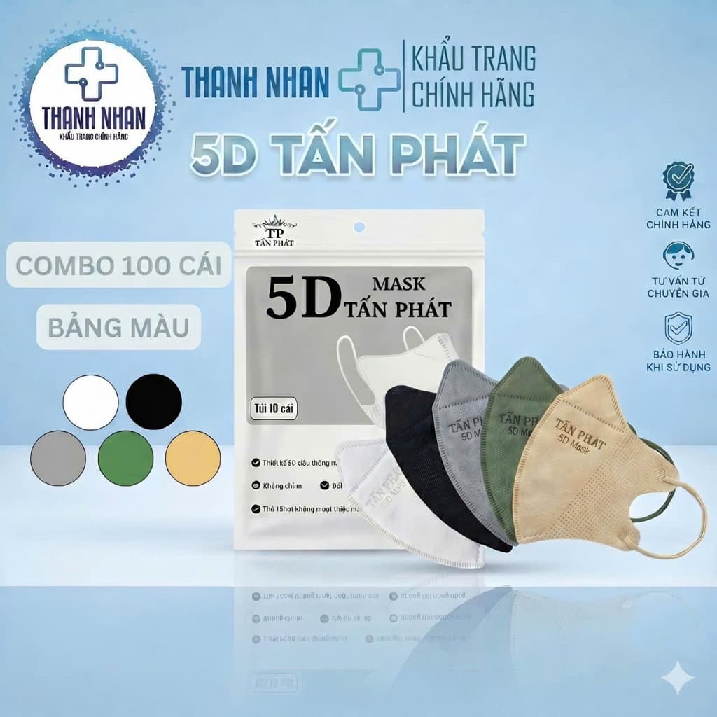 [Combo 100 Cái] Khẩu Trang 5D Tấn Phát Chính Hãng 3 Lớp, Chống Bụi Mịn, Không Lem Son