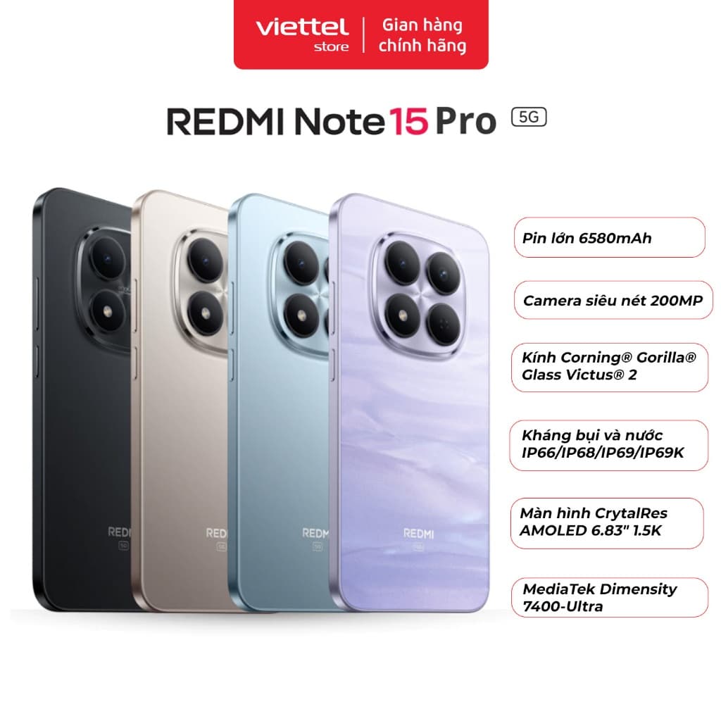 Điện thoại REDMI Note 15 Pro 5G 12GB + 256GB | Pin Lớn 6580mAh| Màn Hình CrystalRes AMOLED 6.83"1.5K