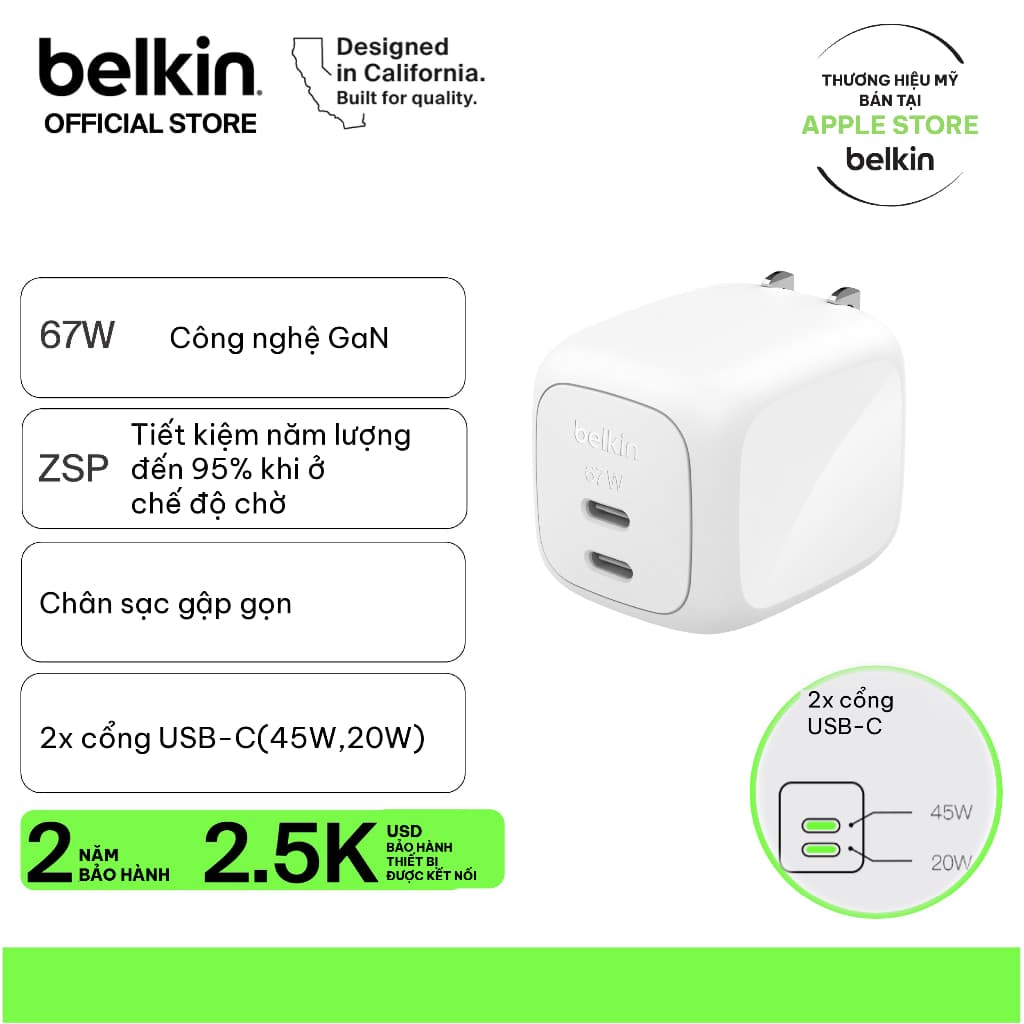 Củ sạc nhanh Belkin 67W GaN PD 3.1 có 2 cổng USB-C dành cho iPhone 17 iPad Macbook Bảo hành chính hãng 2 năm