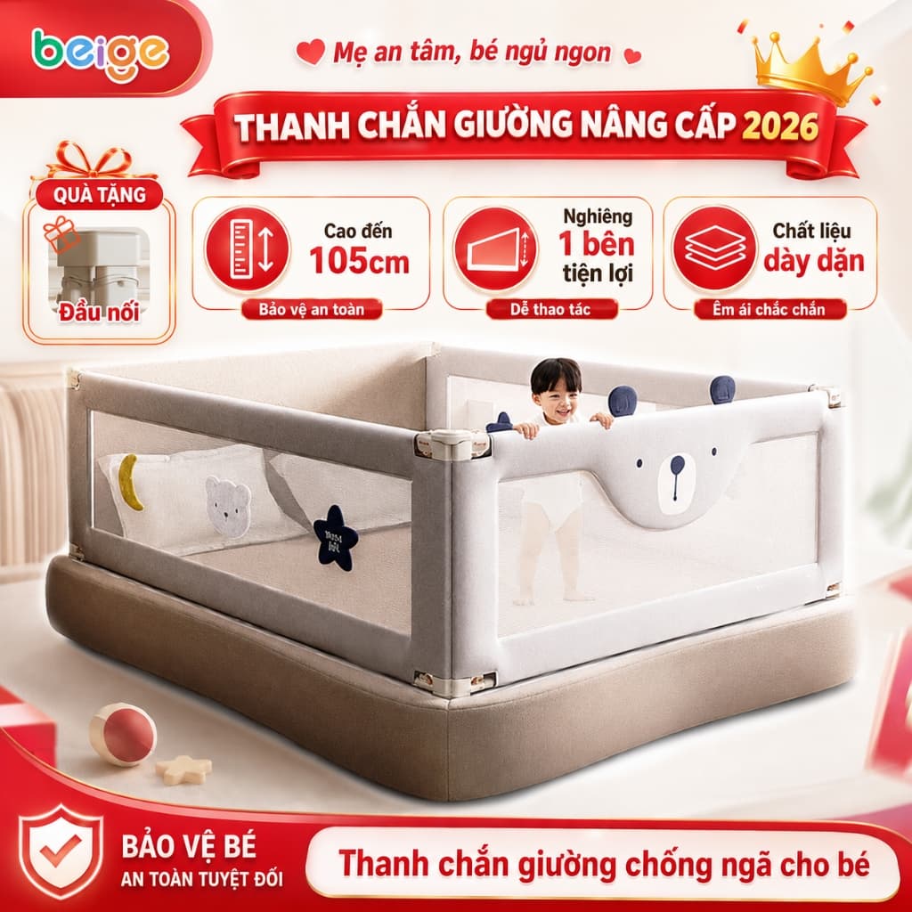 Thanh chắn giường cho bé Beige, Giường chống rơi lan, tiết kiệm không gian diện tích phòng ngủ