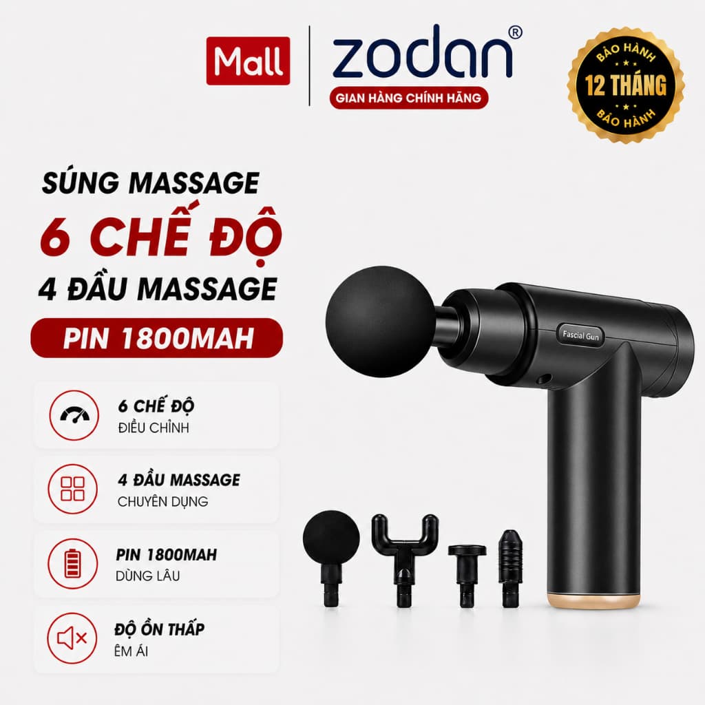 [BH 2NĂM] Máy mát xa cầm tay, súng massage ZODAN ZB360 toàn thân 4 đầu thay thế 6 cấp độ BH 2 NĂM