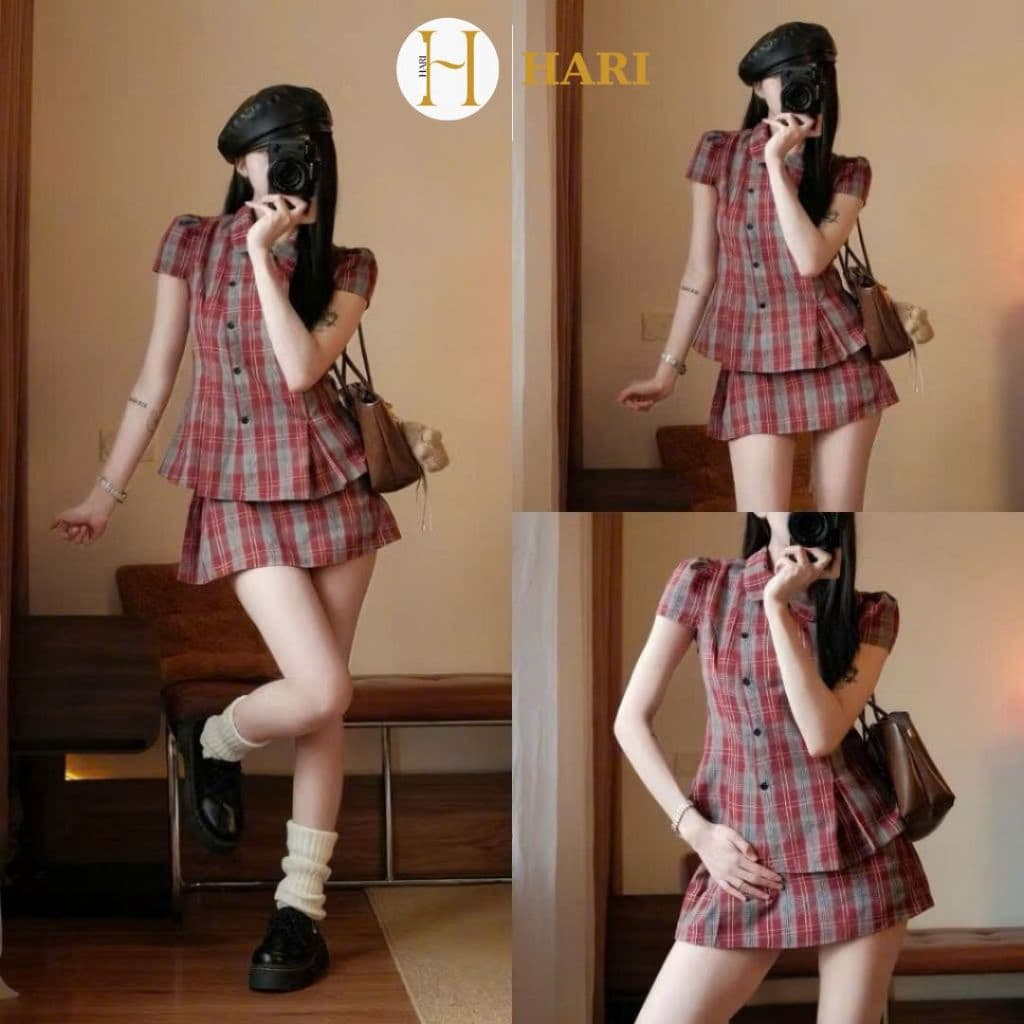 Set áo sơ mi Hari cổ sen họa tiết Tay Phồng Cài Cúc Chéo Kèm Chân Váy Kẻ Caro