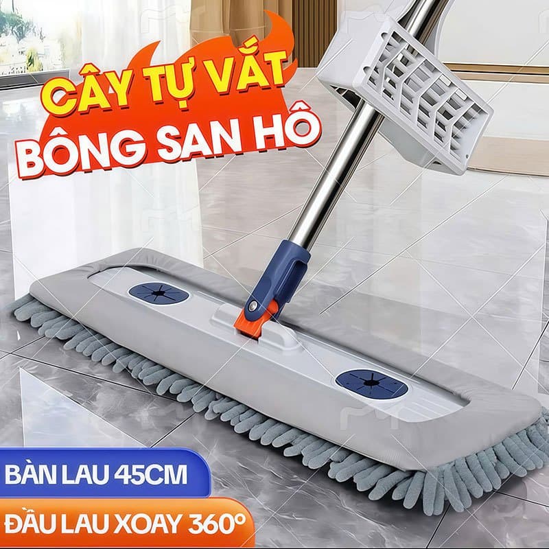 Cây Lau Nhà Tự Vắt KITIMOP CORAL Mã KTMC-01, Chổi Lau Nhà Tự Vắt Thông Minh Xoay 360 Độ, 2 Bông Lau