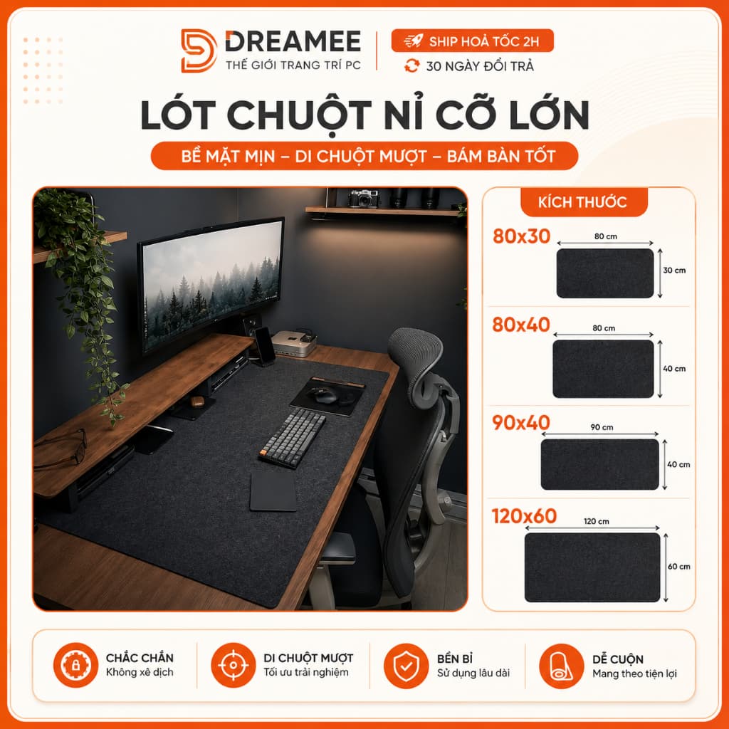 Miếng Lót Chuột Cỡ Lớn, Thảm Nỉ Trải Bàn Làm Việc, Deskpad nỉ lớn Full bàn 120x60, 100x50, 90x40, 80x30