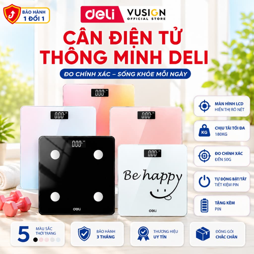 Cân Điện Tử Sức Khỏe Deli Chịu Tải 180kg Màn Hình LED Mặt Kính Cường Lực BẢO HÀNH 3 THÁNG KÈM PIN THAY