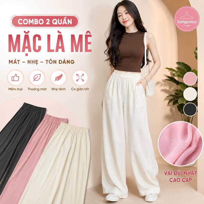 [Combo 2 quần] Quần Ống Suông Chất Đũi Cạp Chun Lưng Cao dài 95-102cm phong cách nhật chất nhẹ -mát Lên Dáng Siêu Xinh