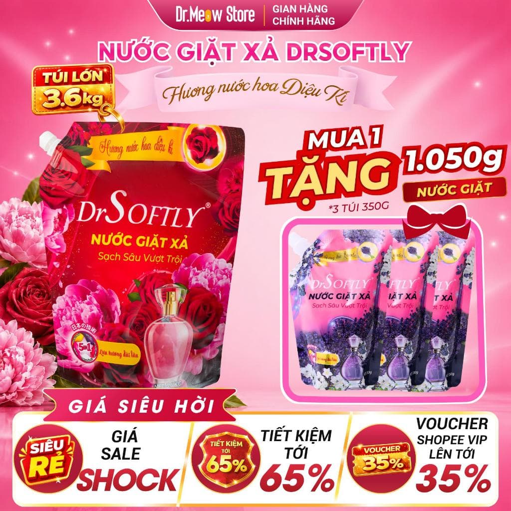 [COMBO 3.6KG TẶNG 1050G] Nước Giặt Xả DrSoftly 5in1 Hương Nước Hoa/Lavender - Giặt Sạch, Xả Mềm, Lưu Hương Lâu,Tiết Kiệm