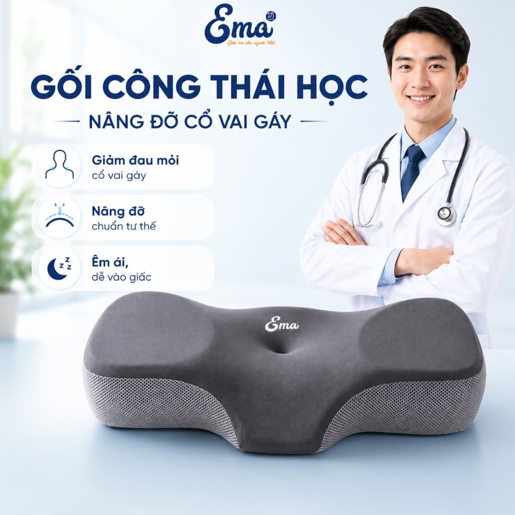 Gối cao su non công thái học EMA - Chống đau cổ vai gáy, giảm ngủ ngáy, ngừa thoái hóa đốt sống cổ