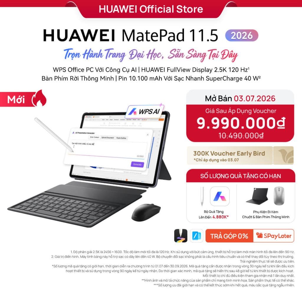 Máy tính bảng HUAWEI MatePad 11.5 2026 | WPS Office PC Với Công Cụ AI | HUAWEI FullView Display 2.5K 120Hz| Bàn Phím Rời