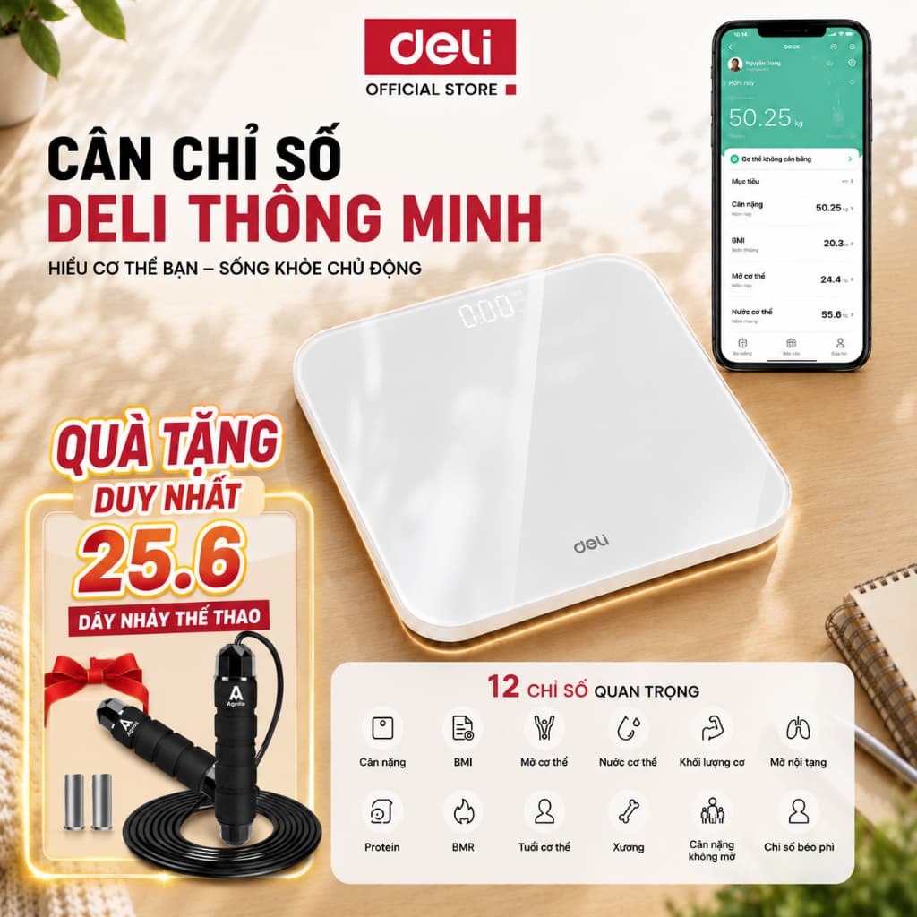 Cân Điện Tử Thông Minh Deli Theo Dõi Phân Tích Chỉ Số Cơ Thể Trọng Lượng Tối Đa 180kg Kết Nối Bluetooth App theo dõi
