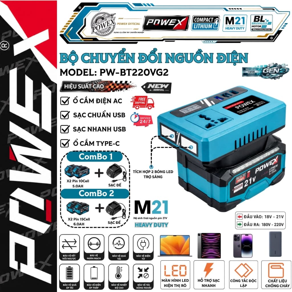 Bộ chuyển đổi điện POWEX PW-BT220XR-G2 – DC sang AC 110–220V, inverter nhỏ gọn đa dụng hiệu suất cao