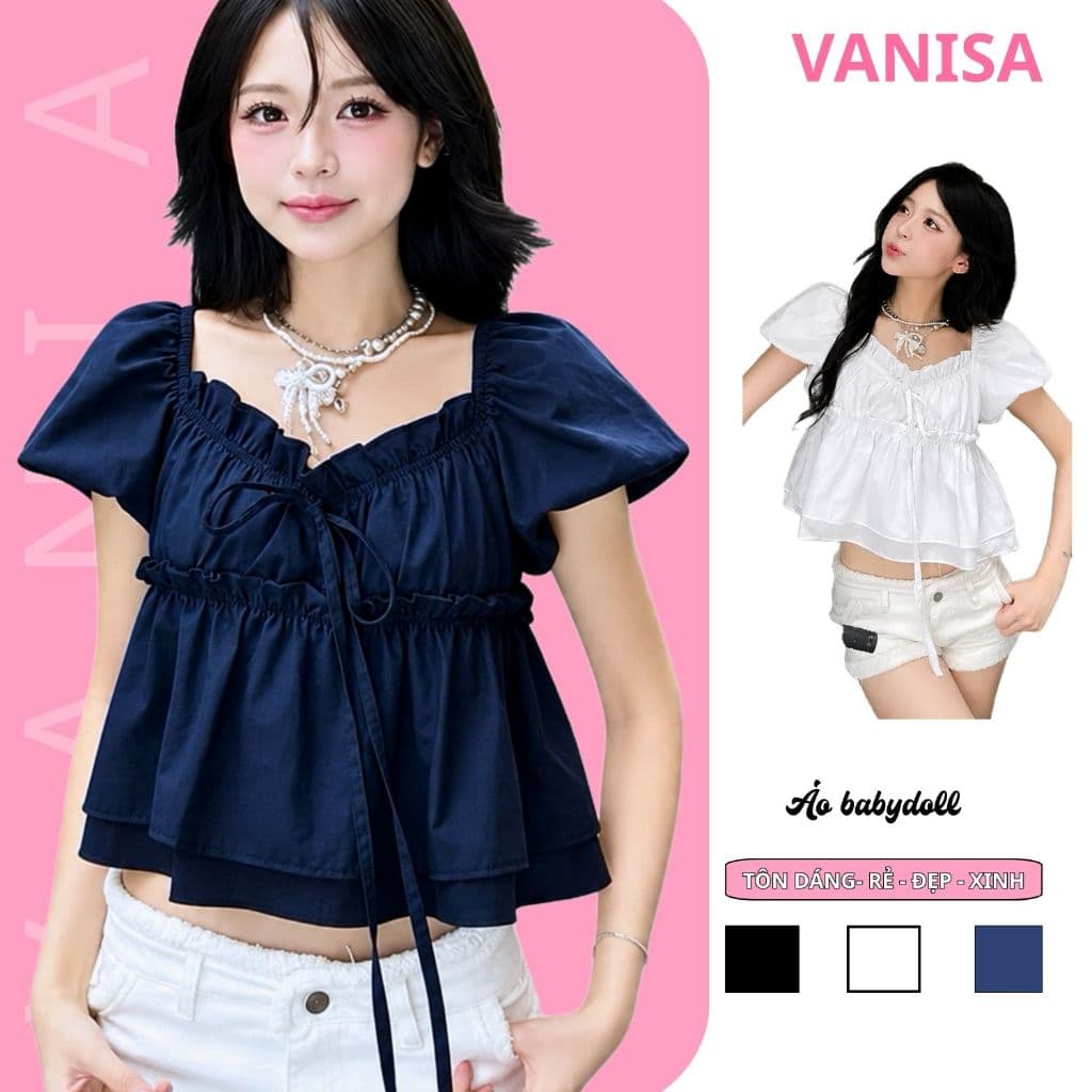 Áo babydoll nữ vải voan trắng xanh đen cổ vuông tay bồng dáng xòe dễ thương tiểu thư VANISA CT431