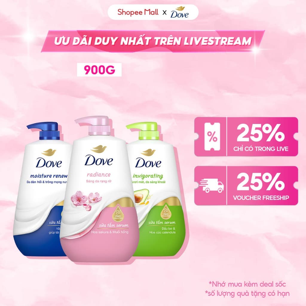 [LIVE] Sữa Tắm Dưỡng Thể Dove Chăm Da Mềm Mịn Tức Thì Với Dưỡng Chất Lợi Khuẩn Da 500g/900g