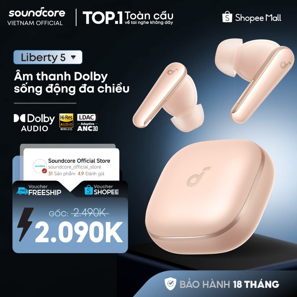 Tai nghe bluetooth soundcore Liberty 5 ANC 3.0 | Pin 48 giờ | Kháng bụi, nước IP55 | Tích hợp phiên dịch