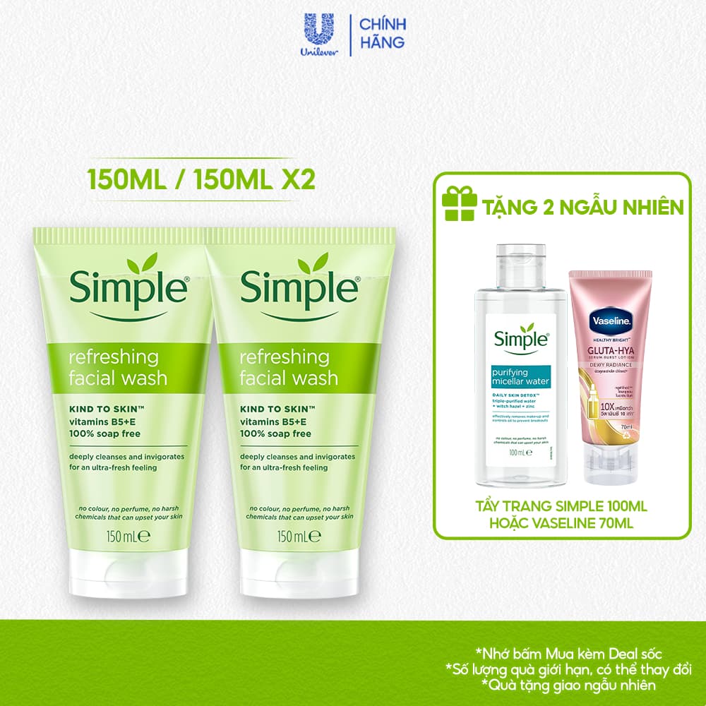 [LS] Combo 2/ Tuýp lẻ sữa rửa mặt Simple lành tính và hiệu quả cho mọi loại da 150ml, 150mlx2