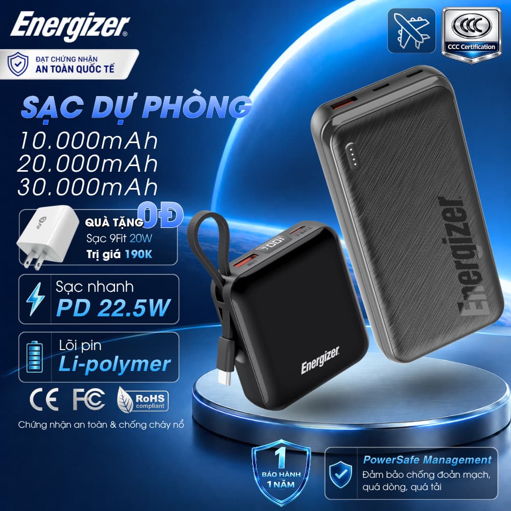 Pin Sạc Dự Phòng Energizer Li-polymer 10000mAh/ 20000mAh/ 30000mAh Sạc Nhanh PD Cho iPhone/ Samsung, BH Chính Hãng 1 Năm