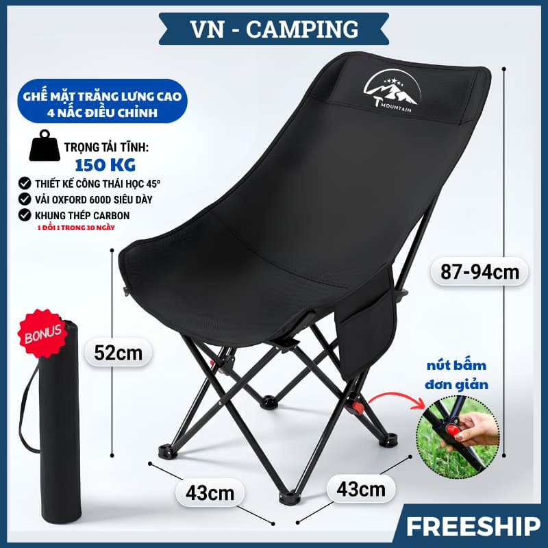 Ghế Camping Gấp Gọn Ngả Lưng Tmountain Chịu Lực Cao Cấp Dã Ngoại Du Lịch Ngoài Trời Êm Ái